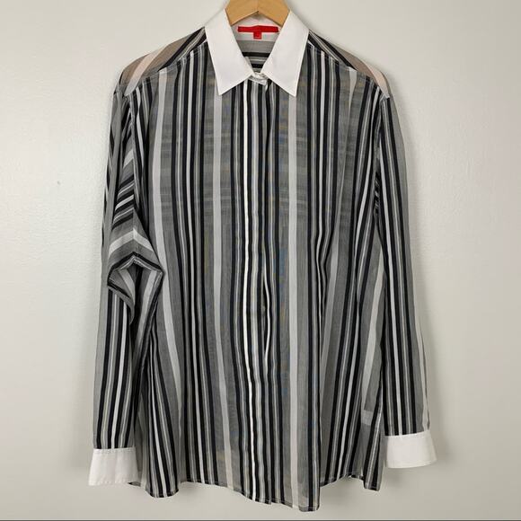 Shamask Striped Sheer Hidden Button Up Top - Picture 2 of 10